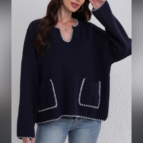 Zara Black Split V-Neck Sweater Oversized M Slouchy Contrast Stitching Pockets - Picture 14 of 14